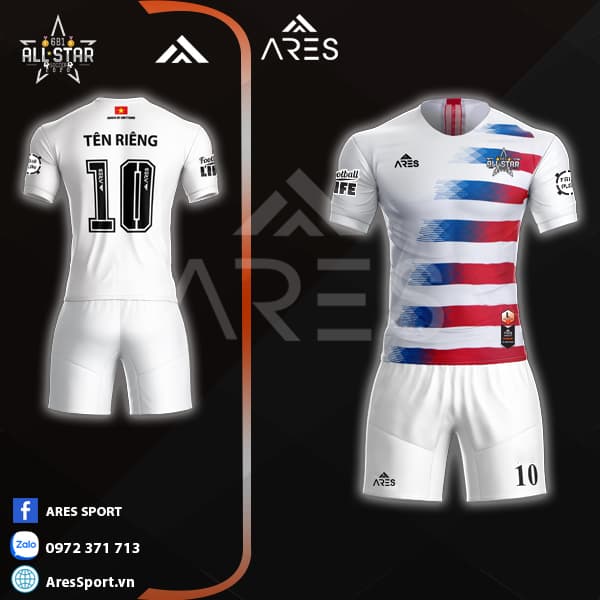 Áo bóng đá tự thiết kế all star trắng vệt cọ đỏ xan, mặt trước, cổ tròn, tay ngắn trắng, vệt cọ đỏ xanh ở vai