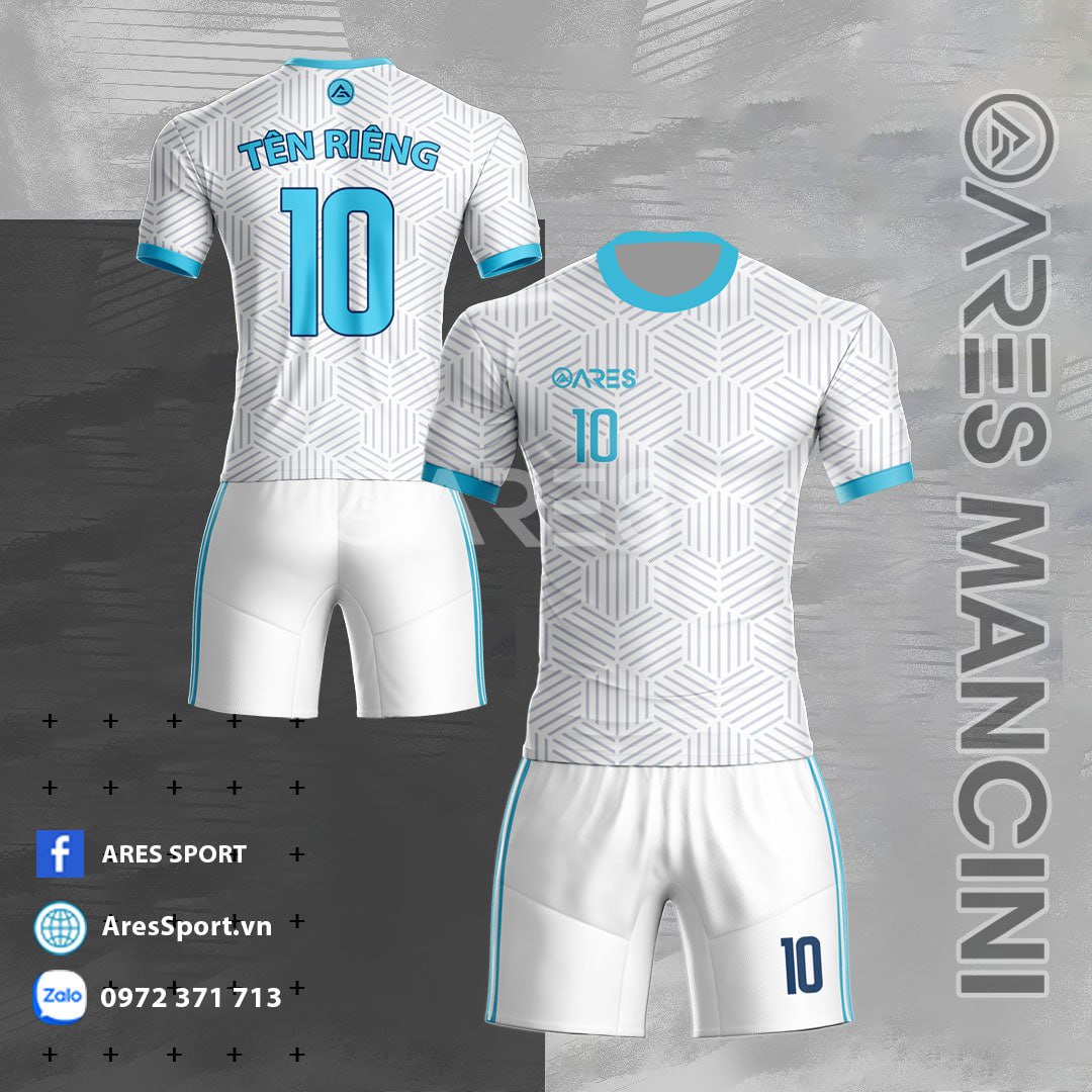 Áo bóng đá không logo ARES Mancini trắng viền xanh da tinh tế hợp thời