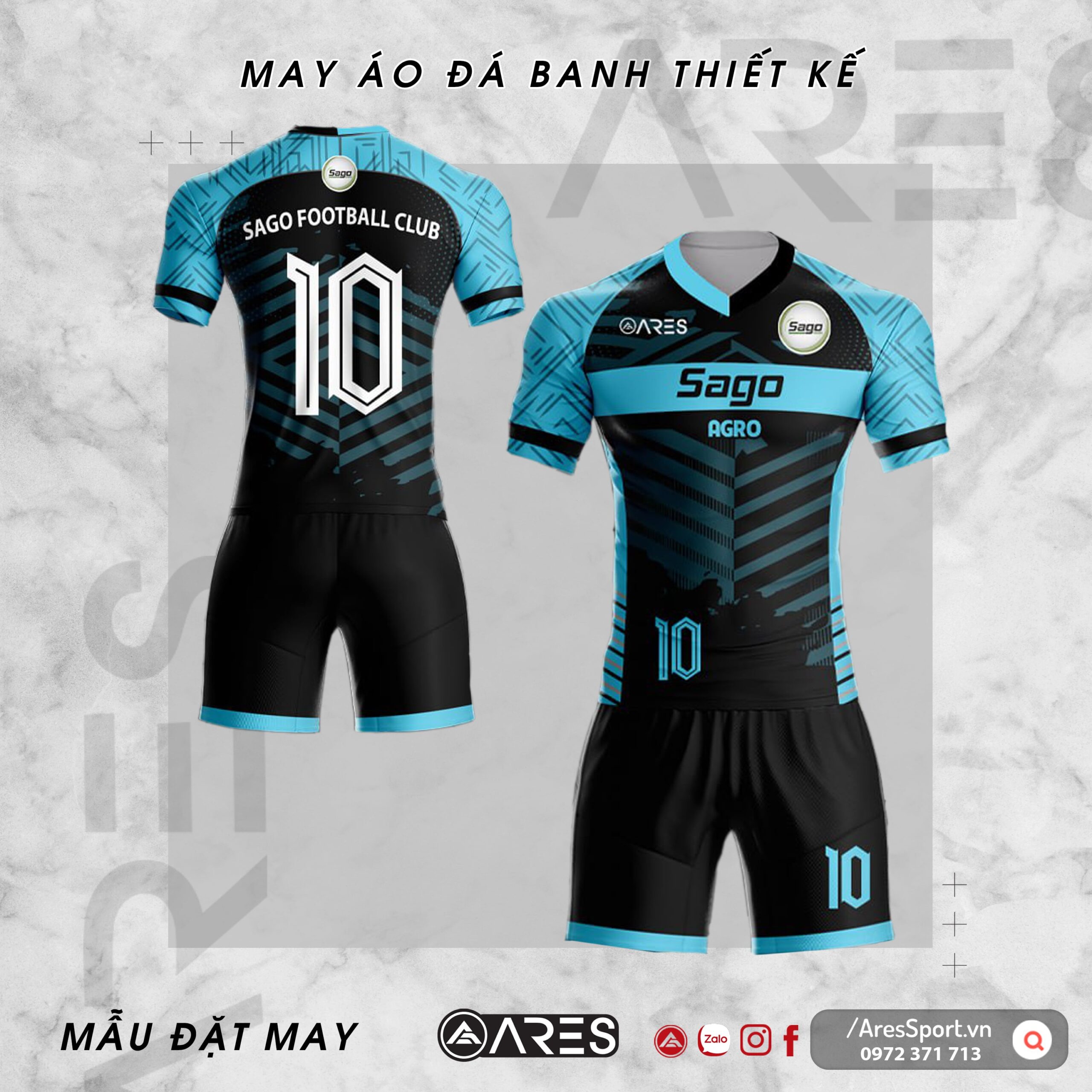 Áo bóng đá tự thiết kế Sago Argo đen phối xanh da mạnh mẽ