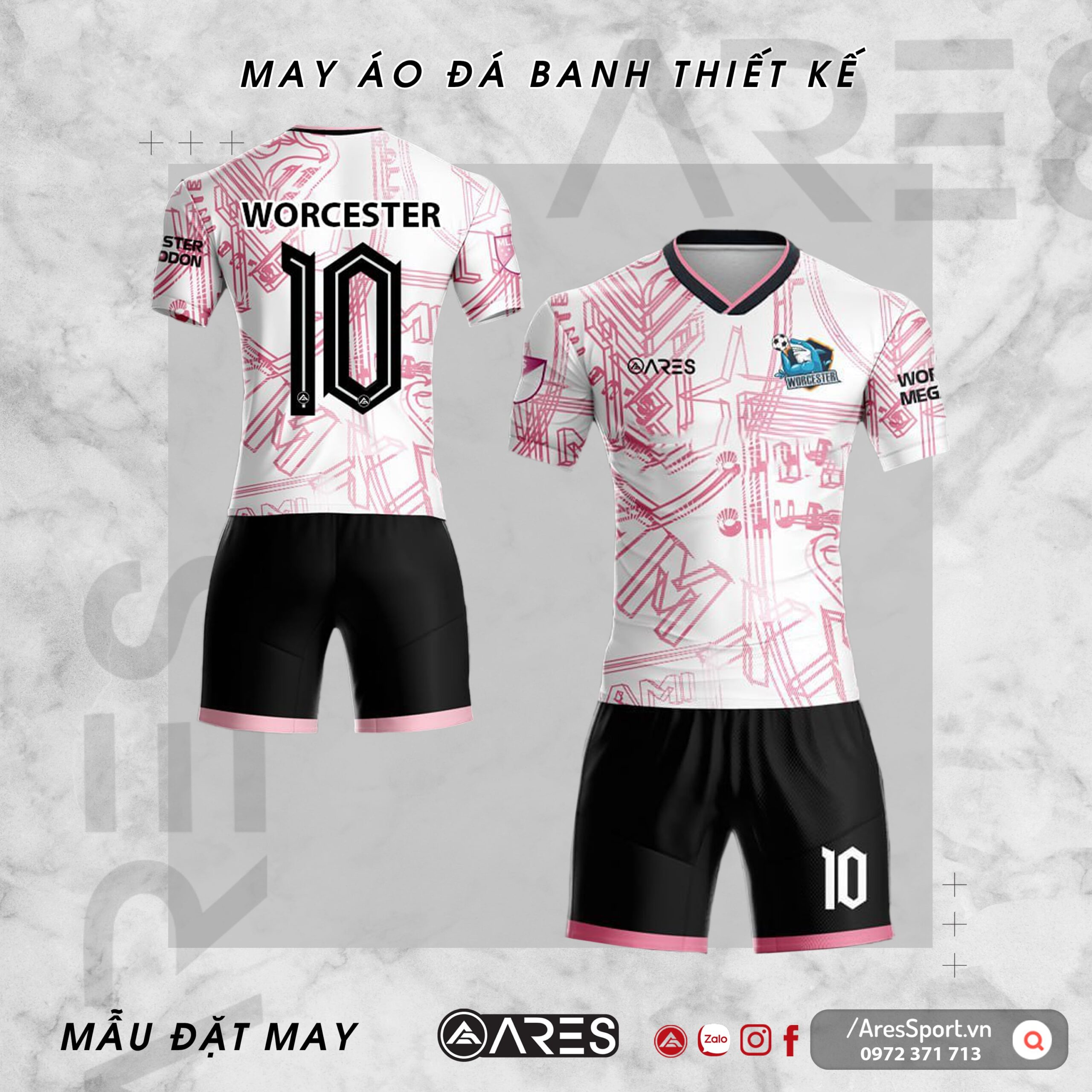 Áo bóng đá tự thiết kế Worcester hồng trắng nhẹ nhàng tinh tế