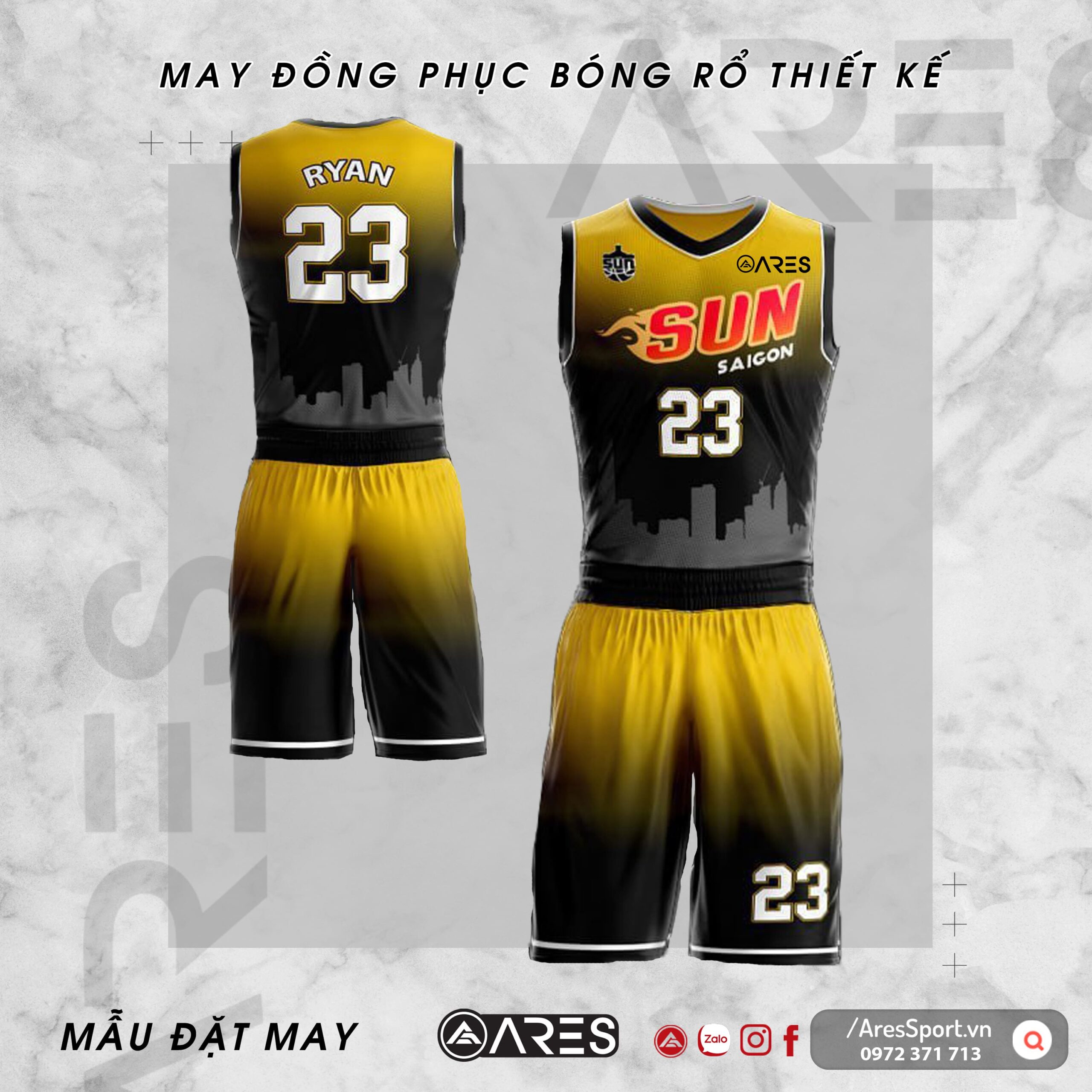 Đồng phục bóng rổ thiết kế Sun vàng chuyển đen thu hút độc đáo