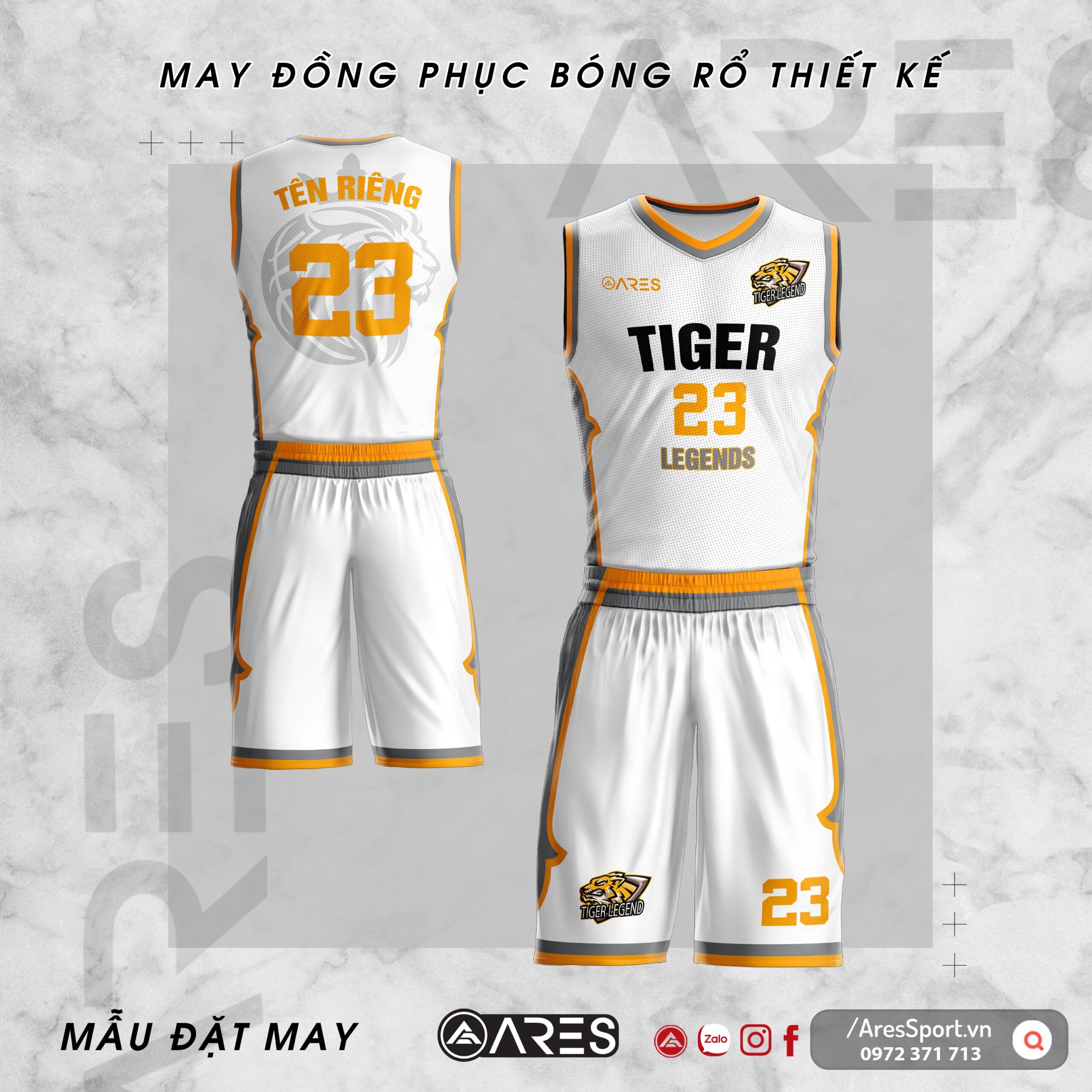 Đồng phục bóng rổ thiết kế Tiger trắng phối vàng nhẹ nhàng năng động