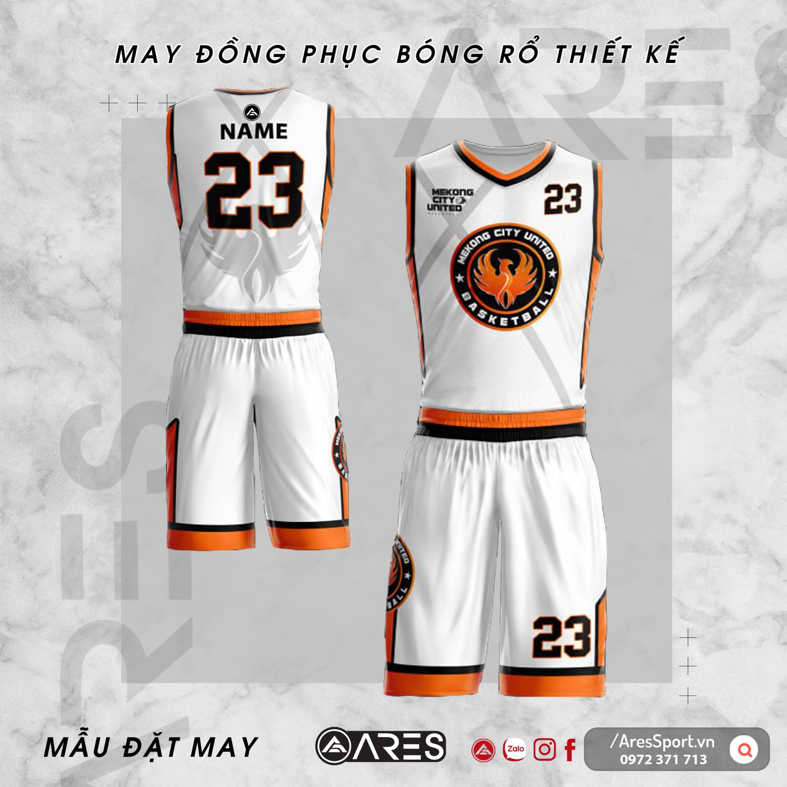 Đồng phục bóng rổ thiết kế Mekong City United trắng cam đơn giản thanh lịch