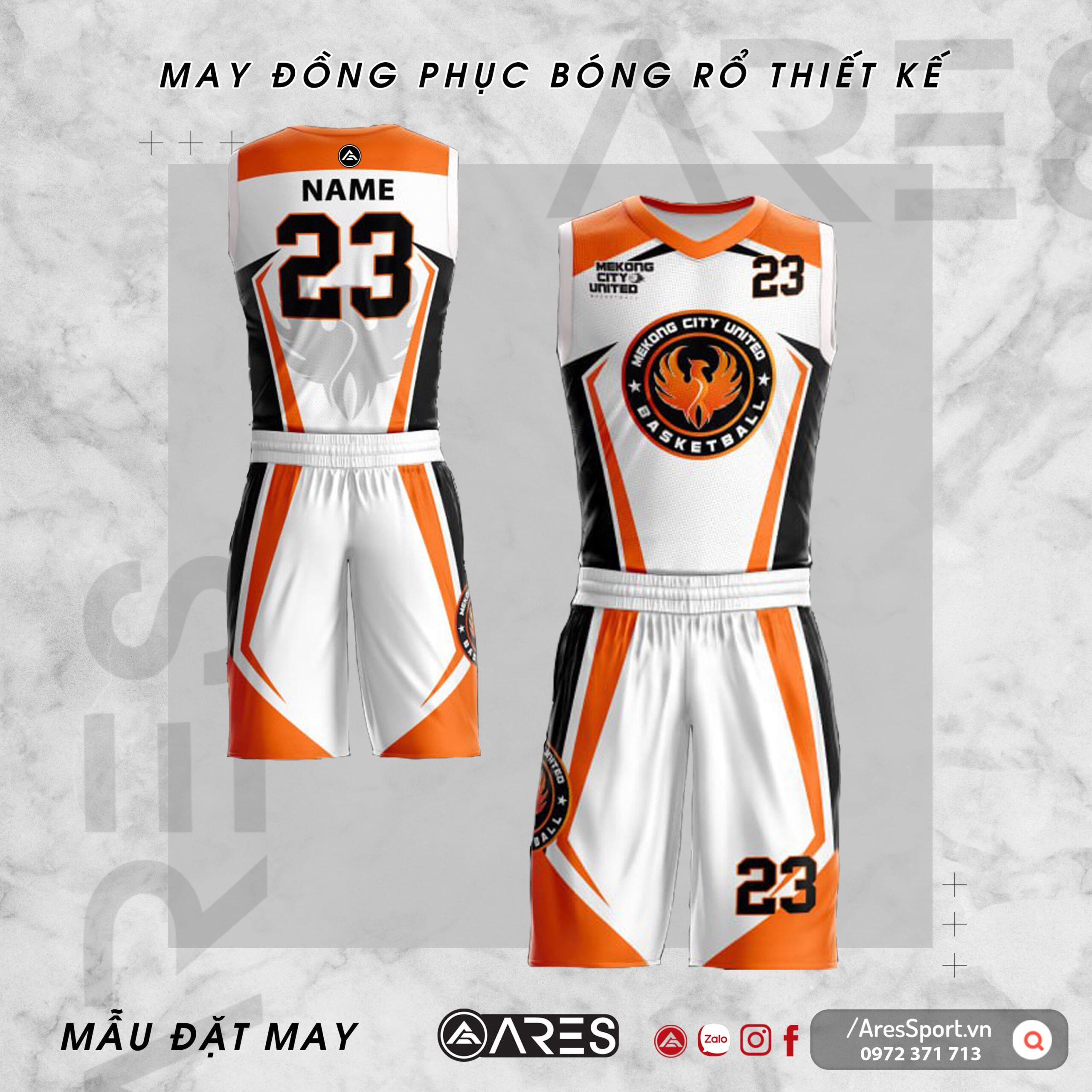 Đồng phục bóng rổ thiết kế Mekong City United trắng cam họa tiết mạnh mẽ