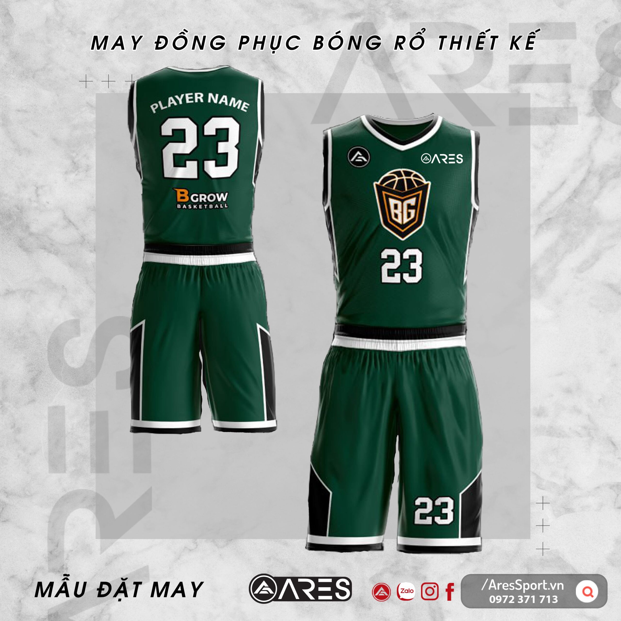 Đồng phục bóng rổ thiết kế Bgrow xanh lá đậm thanh lịch