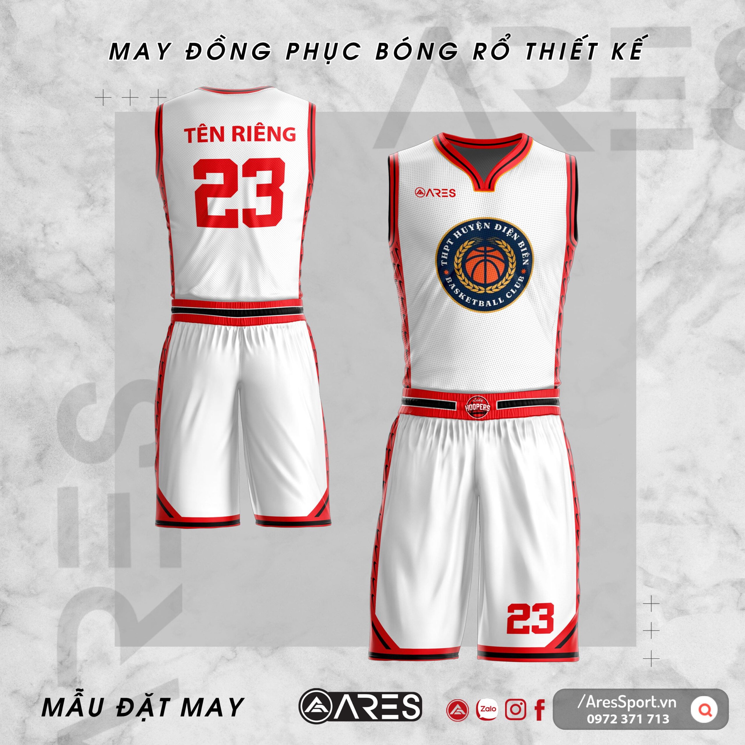 Đồng phục bóng rổ thiết kế huyện Điện Biên đỏ trắng thanh lịch