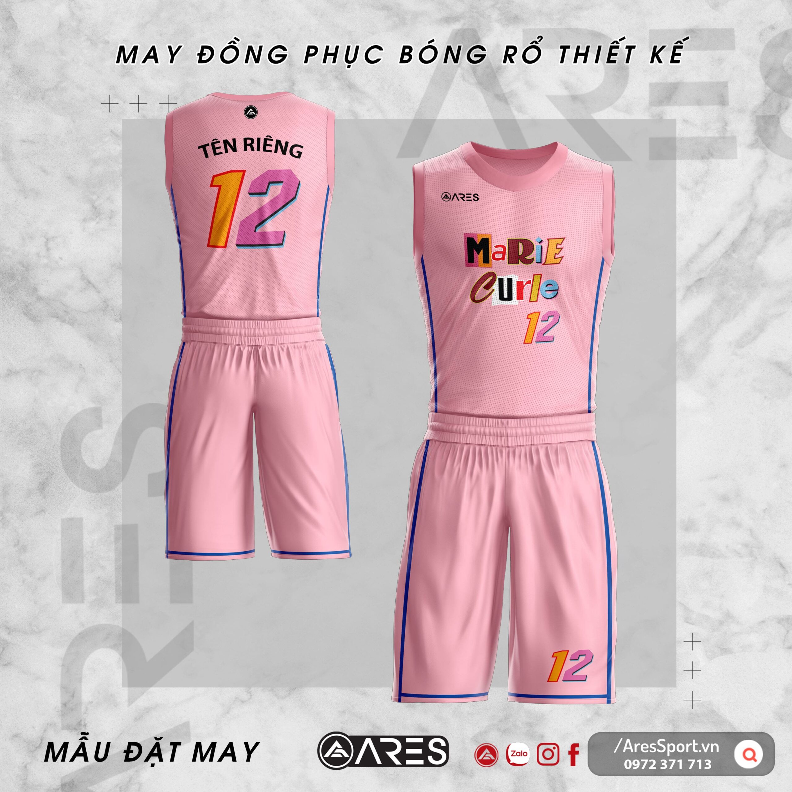 Áo đồng phục bóng rổ thiết kế Marie Curie Hồng đáng yêu