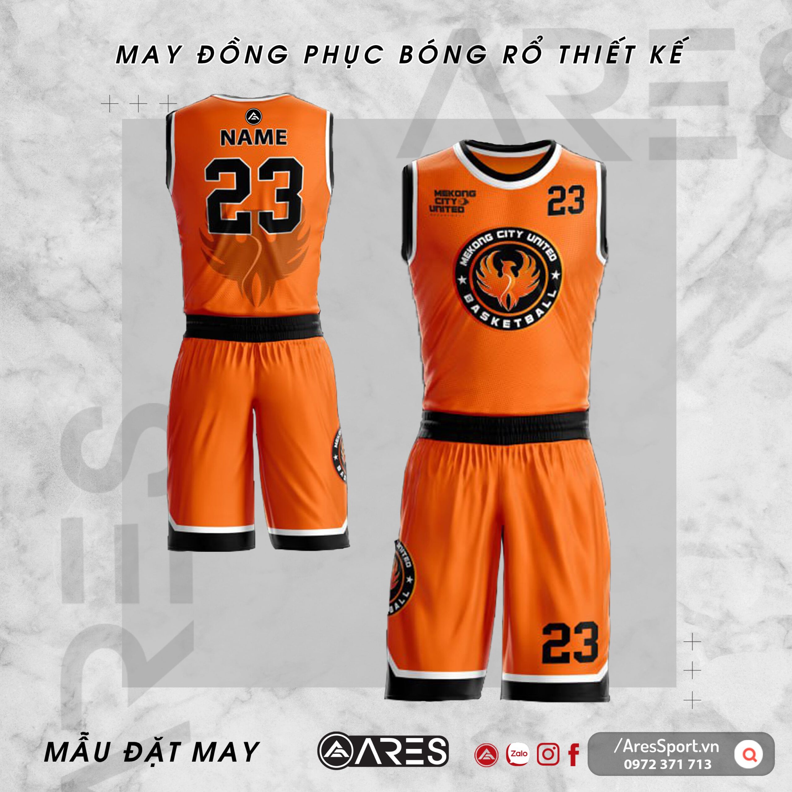 Đồng phục bóng rổ thiết kế Mekong City United cam rực rỡ nổi bật