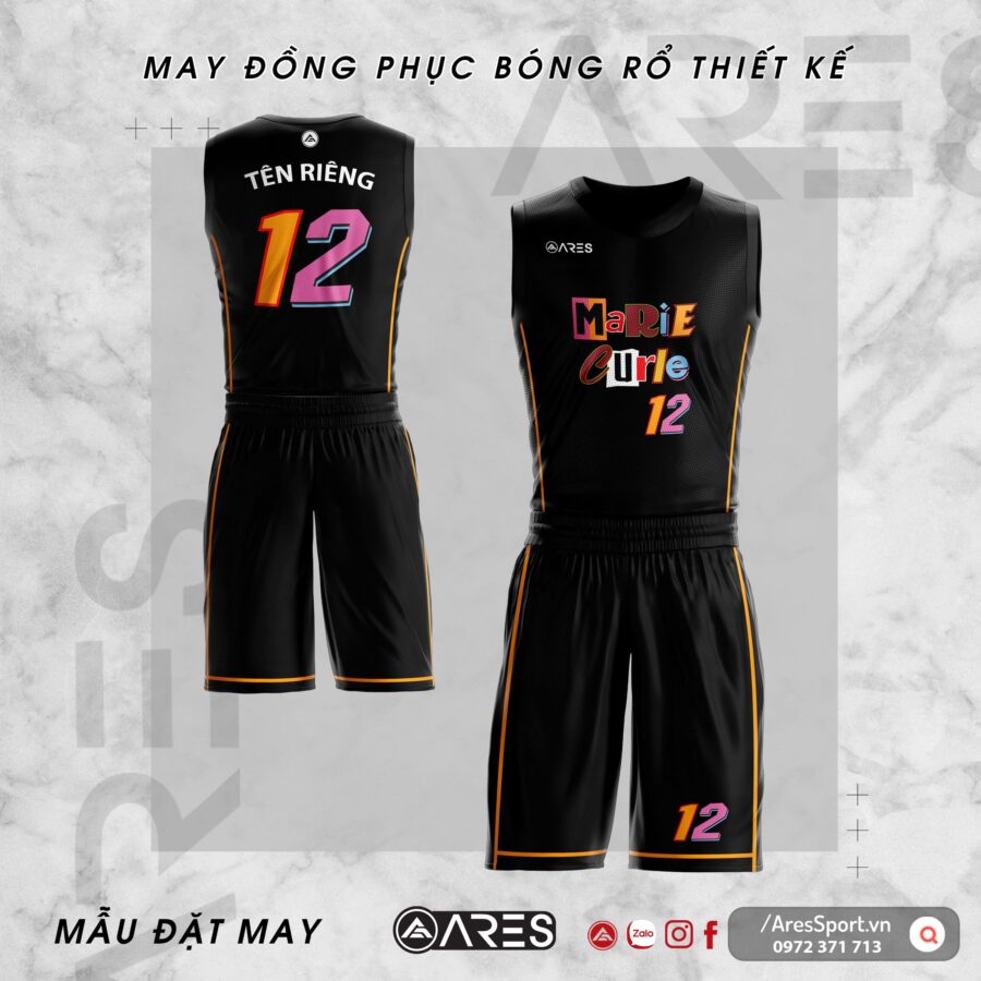 Đồng phục bóng rổ thiết kế Marie Curie đen phối chữ không đụng hàng