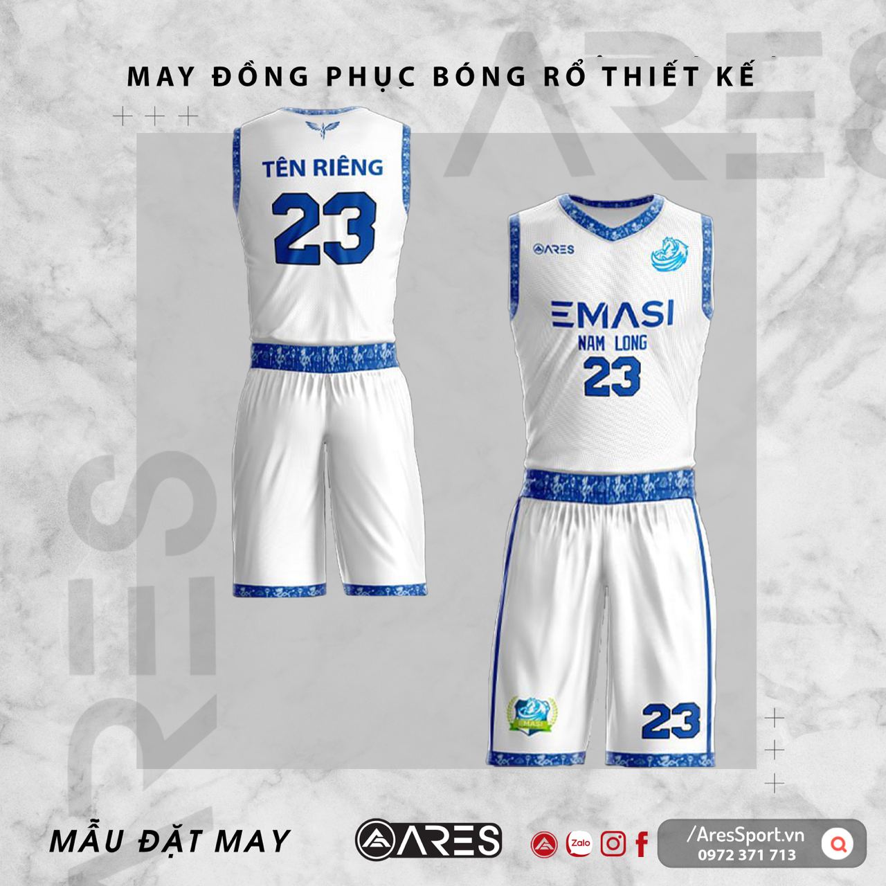 Đồng phục bóng rổ thiết kế Emasi trắng xanh da đơn giản nhưng thanh lịch