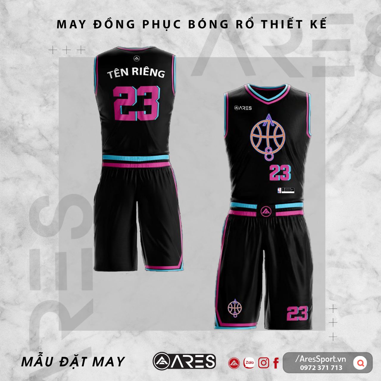 Đồng phục bóng rổ thiết kế A8 đen hồng miami sáng tạo