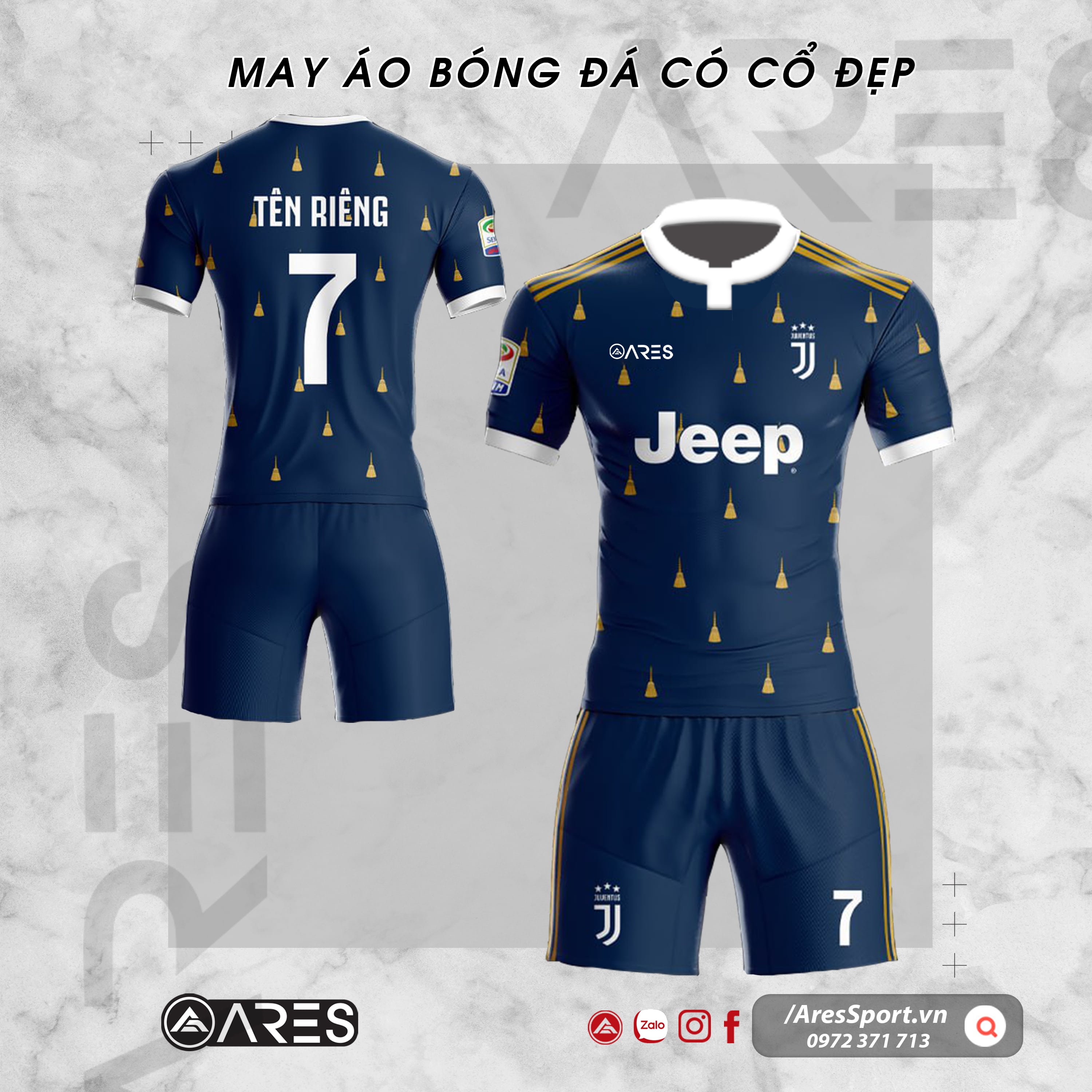 Áo Bóng Đá Juventus Cổ Giả Trụ Navy Tam Giác Vàng Áo bóng đá juventus cổ giả trụ navy tam giác vàng, mặt trước, cổ giả trụ trắng, tay ngắn navy, viền vàng