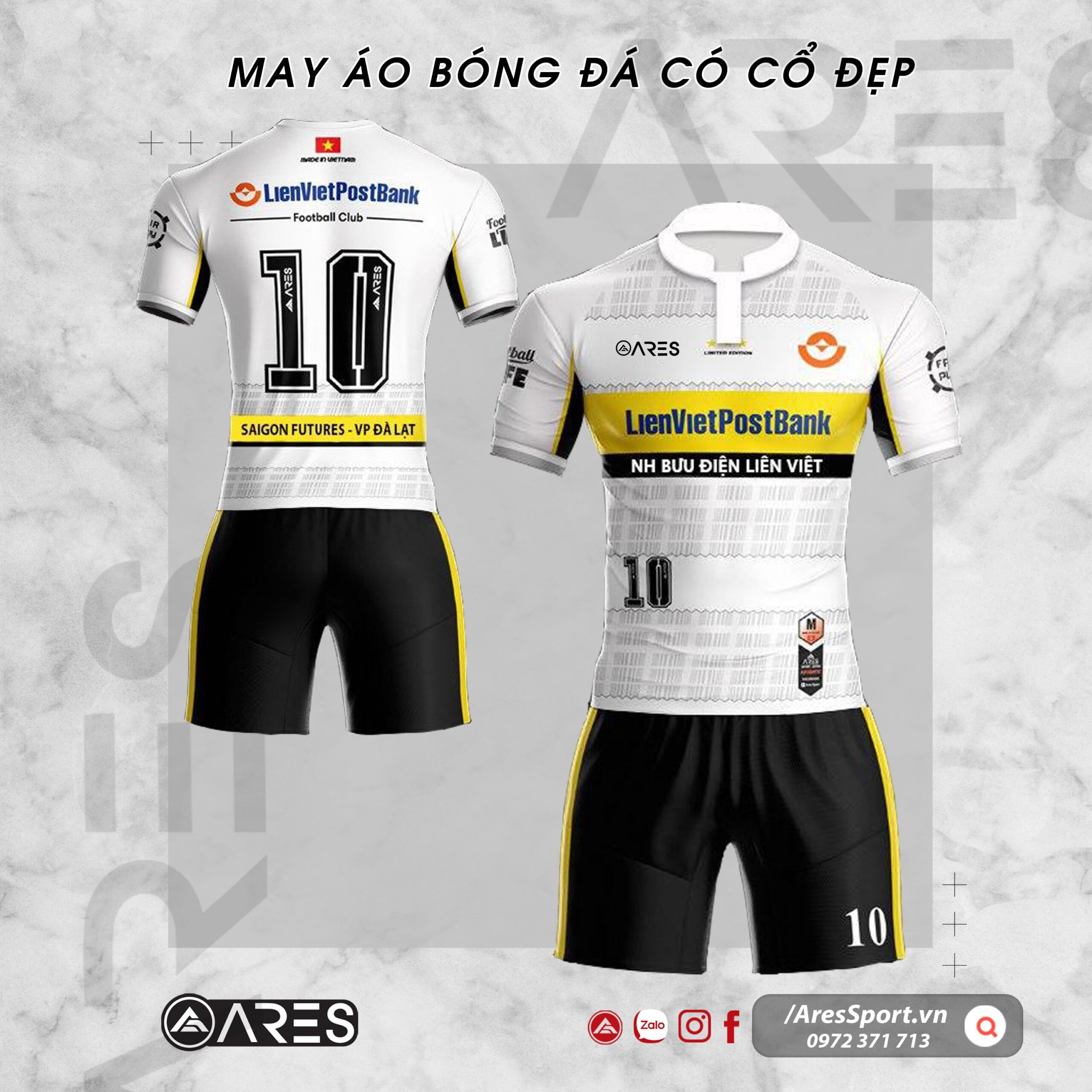 Áo bóng đá có cổ giả trụ cho ngân hàng Liên Việt trắng vàng lịch sự, thể thao Áo bóng đá có cổ giả trụ cho ngân hàng Liên Việt trắng vàng lịch sự, thể thao
