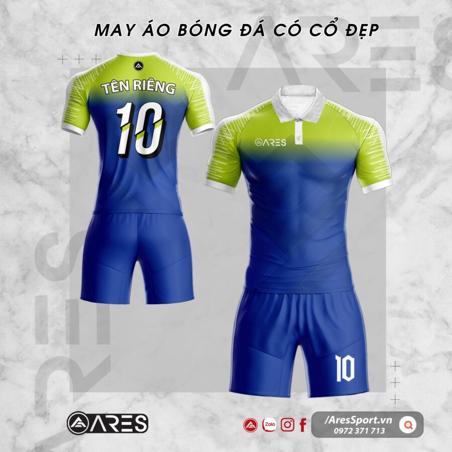 Áo bóng đá có cổ sơ mi xanh chuối kết hợp xanh dương thanh lịch cổ điển