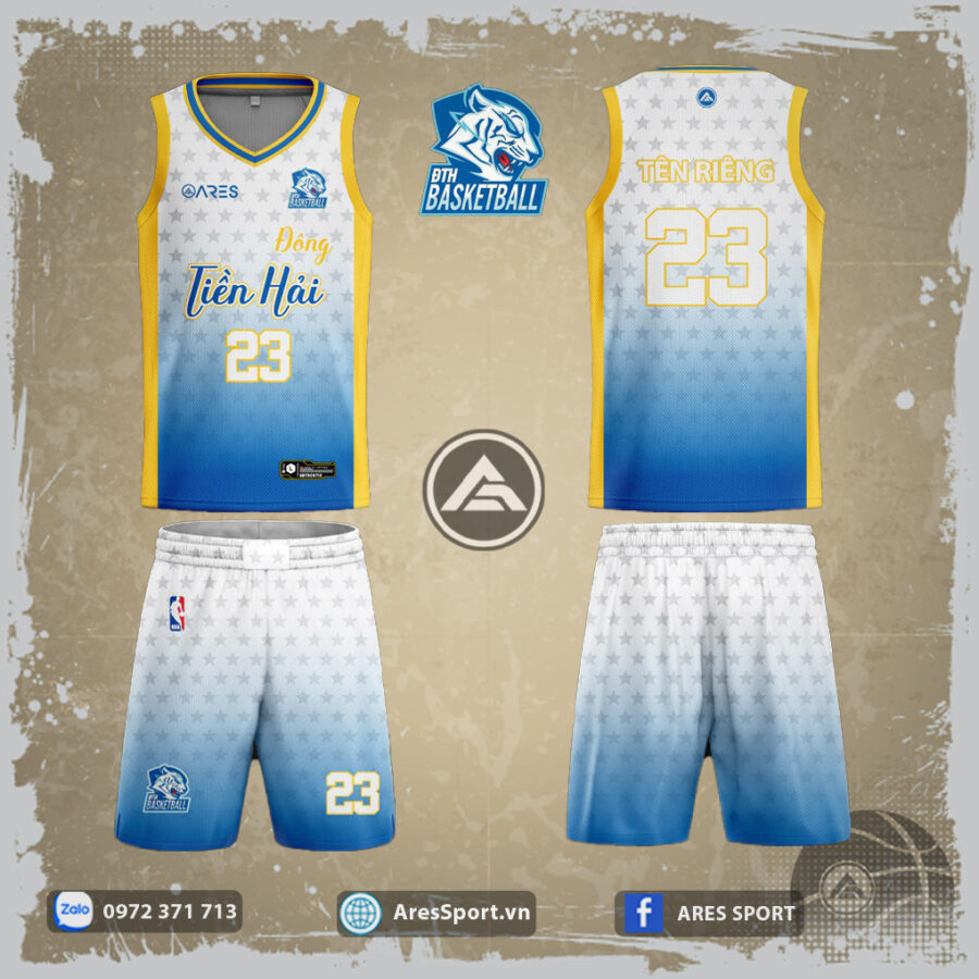Áo bóng rổ thiết kế ĐÔNG TIỀN HẢI xanh da trời kết hợp vàng hợp xu hướng