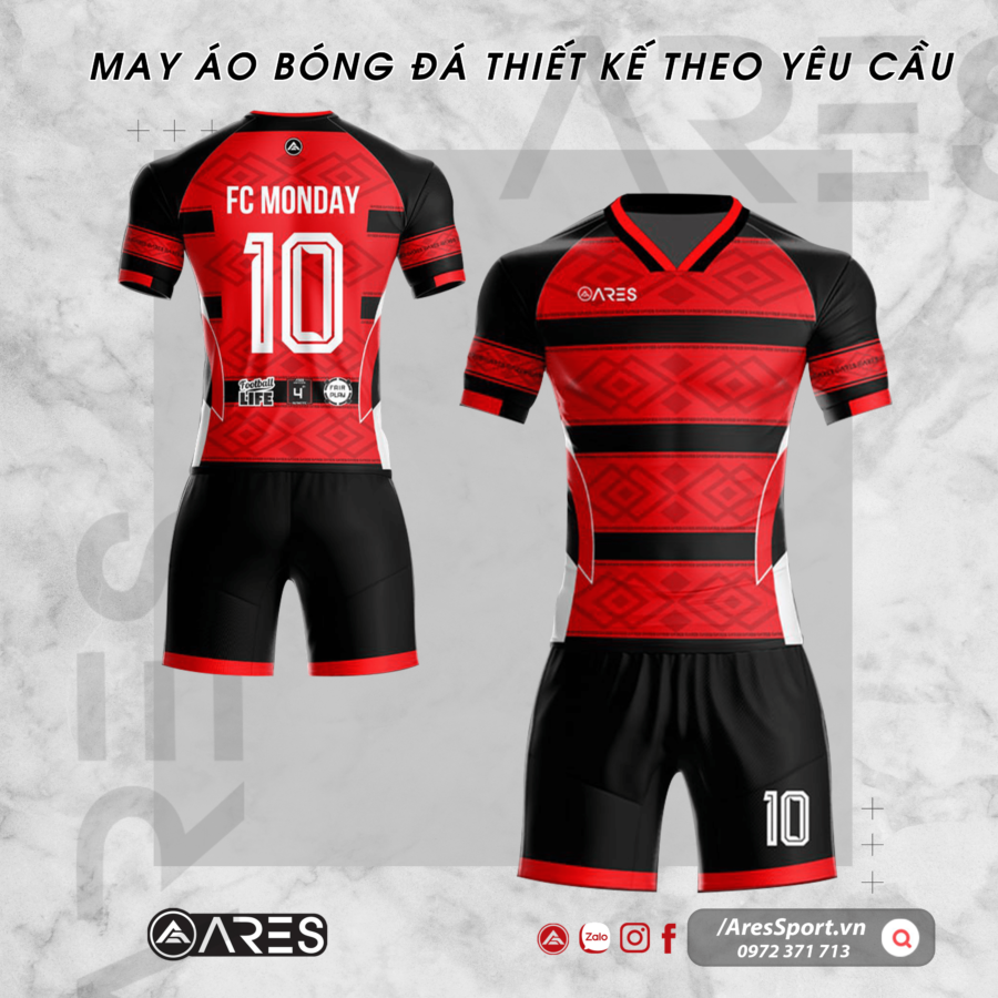 Áo bóng đá tự thiết kế FC Monday đỏ sọc đen cùng hoa văn độc đáo