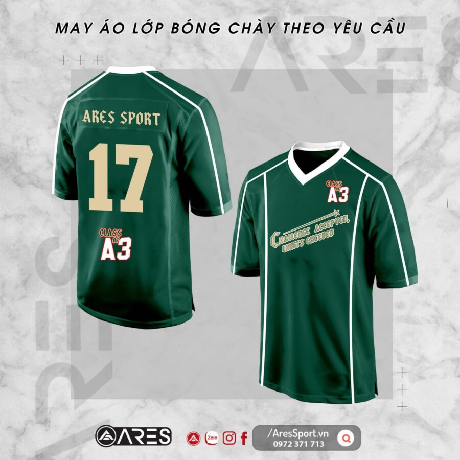 Áo lớp bóng chày A3 màu xanh rêu trầm, ký hiệu lớp A3 trước ngực, dáng baseball cài khuy