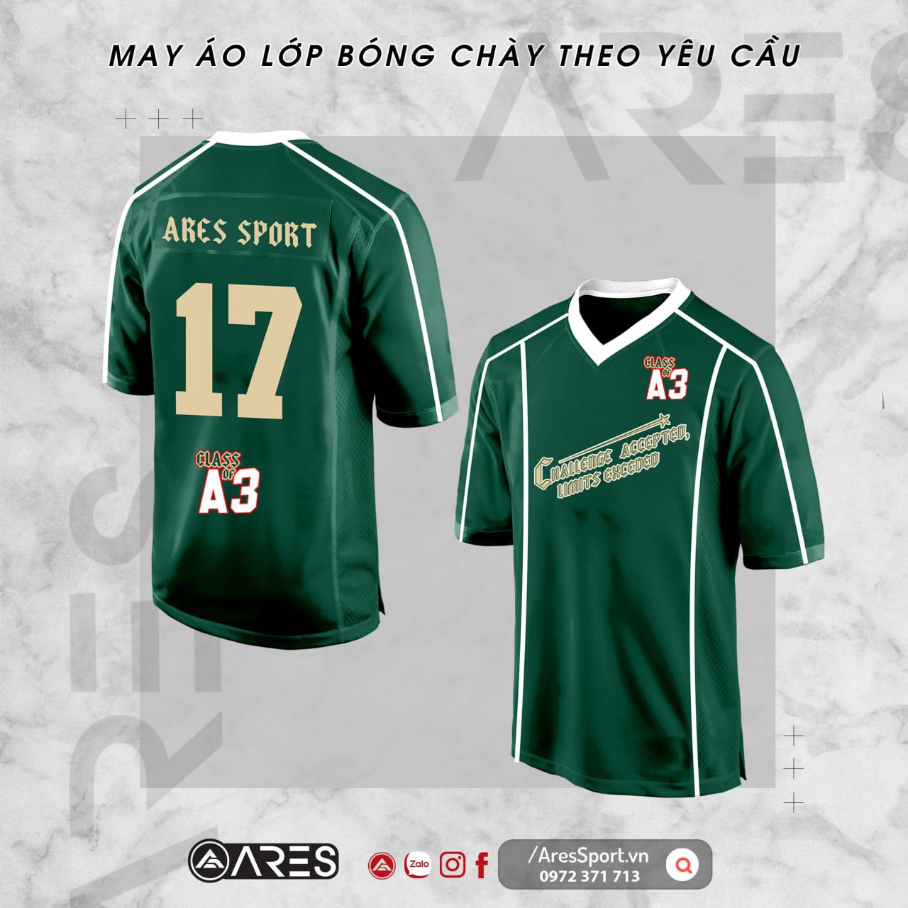 Mẫu thiết kế in áo lớp bóng chày A3 Xanh Rêu Áo lớp bóng chày A3 màu xanh rêu trầm, ký hiệu lớp A3 trước ngực, dáng baseball cài khuy
