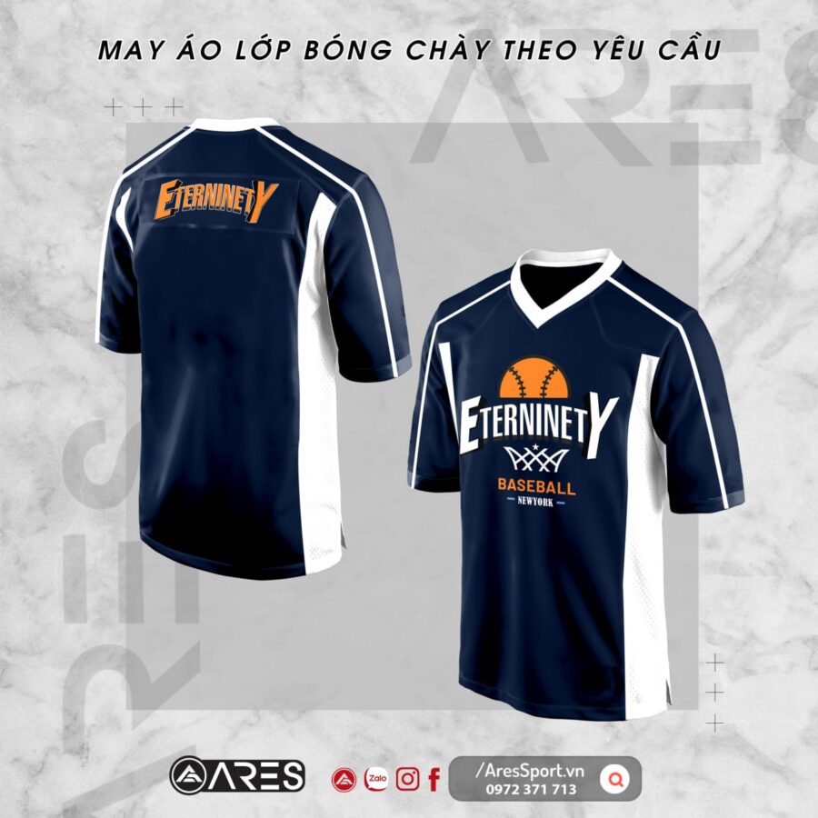 Áo lớp bóng chày Eterninety màu xanh than, chữ Eterninety cỡ lớn trước ngực, dáng baseball cài khuy