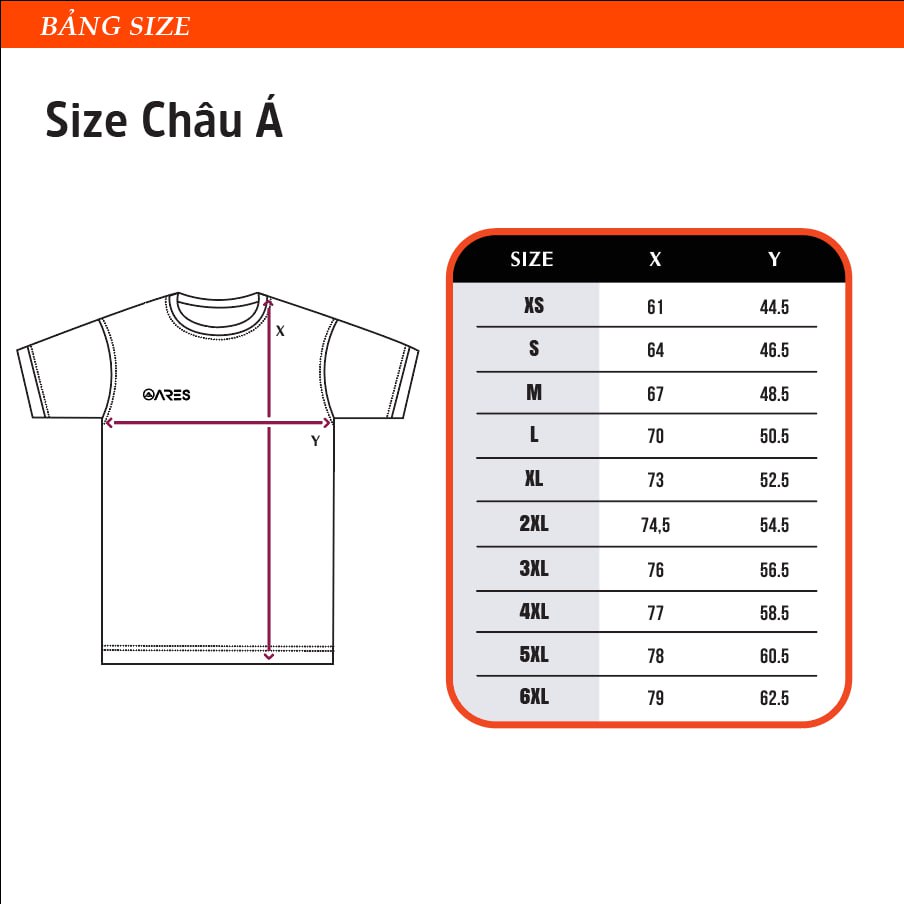 Bảng size áo bóng đá Nam châu Á - Theo chiều ngang và dài