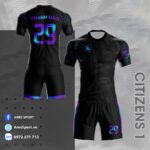 Mẫu áo bóng đá không logo Citizens ARES đen gradient neon tím xanh dương phong cách cyberpunk cho đội esports