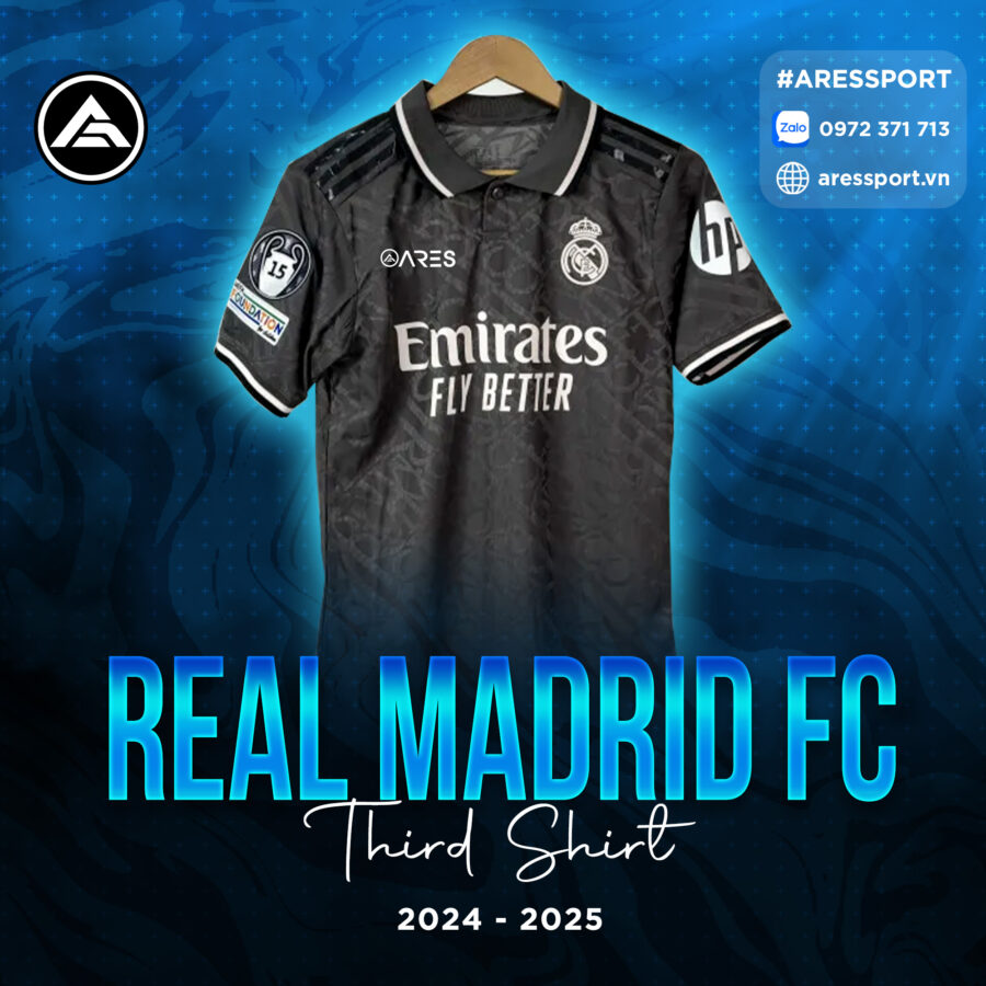 Áo bóng đá Real Madrid third kit 24-25 đen in theo yêu cầu
