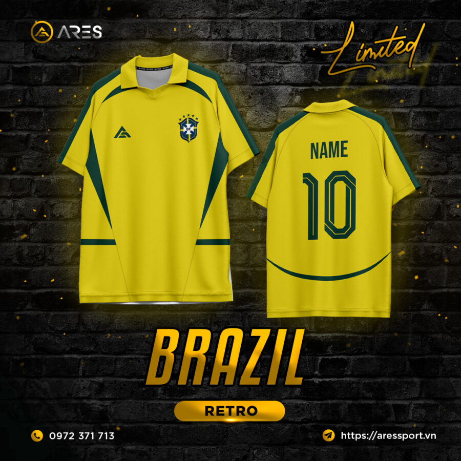 Áo bóng đá Retro Vintage Brazil 2002 nền vàng phối xanh lá cổ bẻ do ARES thiết kế