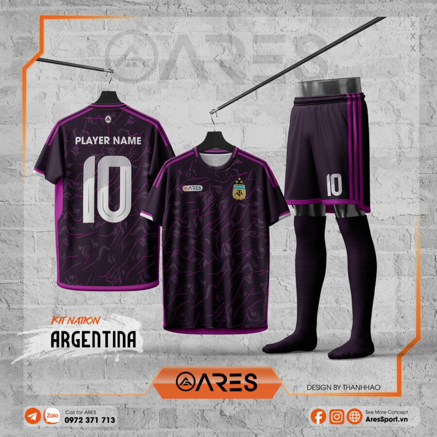 Mẫu áo Argentina Bóng Tối Rực Rỡ với sắc tím nổi bật và họa tiết độc đáo, custom theo yêu cầu.