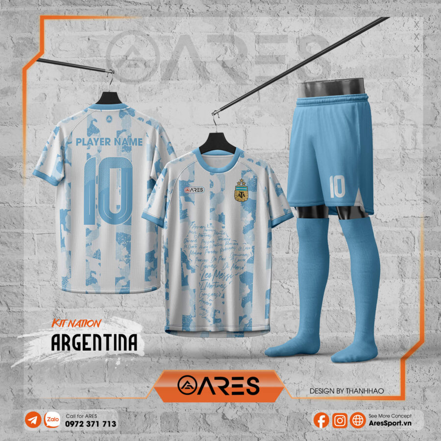 Mẫu áo Argentina Dấu Chân Lịch Sử với họa tiết bản đồ và tên các huyền thoại, custom theo yêu cầu.