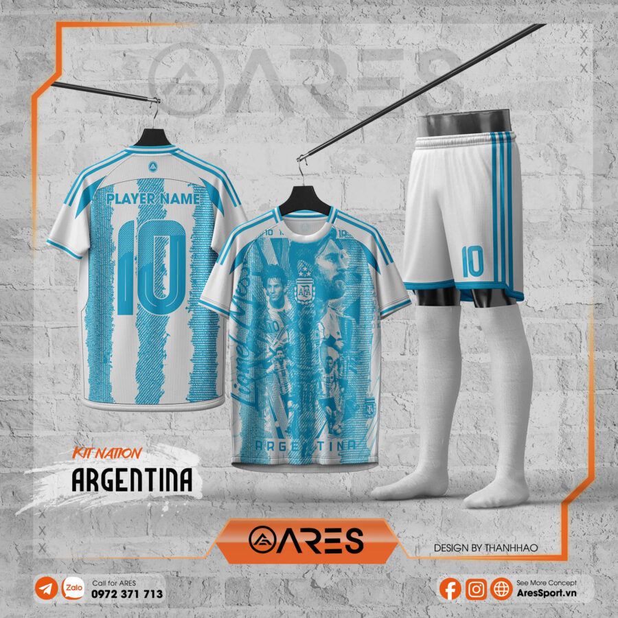 Mẫu áo Argentina Sky Legacy với sắc trắng-xanh truyền thống và họa tiết lịch sử, custom theo yêu cầu dành riêng cho đội bóng.