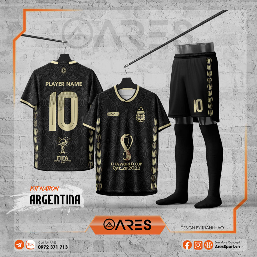 Mẫu áo Argentina Vinh Quang Vô Địch với họa tiết FIFA World Cup Qatar 2022, custom theo yêu cầu.