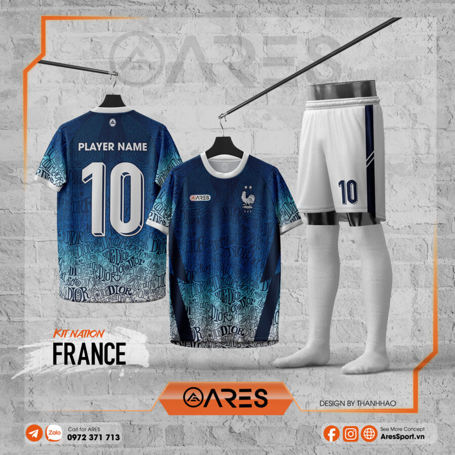 Áo đội tuyển Pháp Artistic Wave gradient navy xanh ngọc phối chữ nghệ thuật do ARES thiết kế