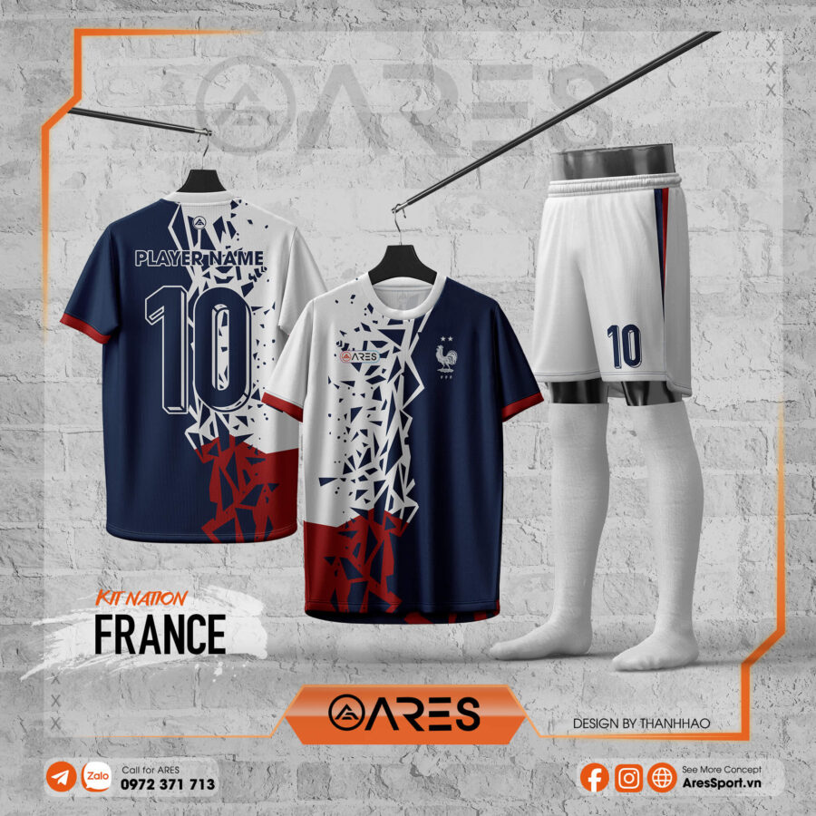 Áo đội tuyển Pháp Fragment Glory navy trắng đỏ phối họa tiết mảnh vỡ do ARES thiết kế