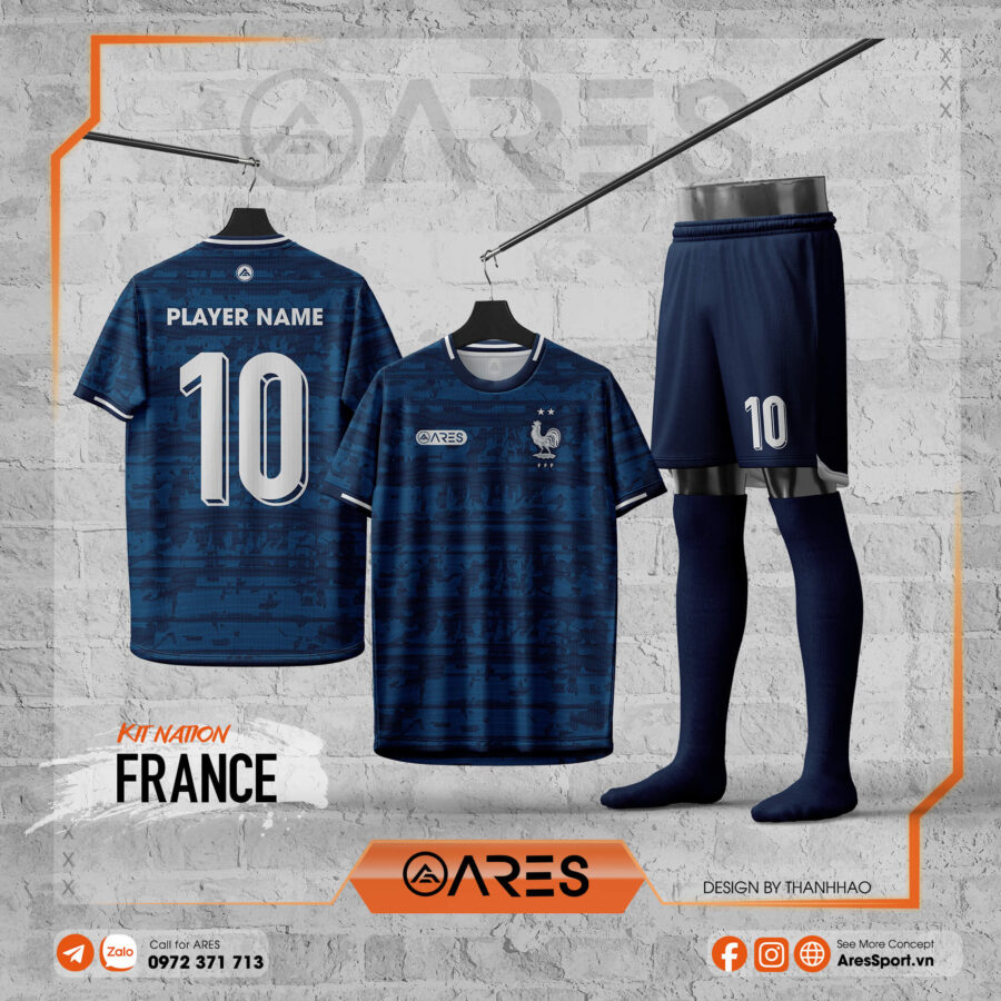 Áo đội tuyển Pháp Midnight Glory tông navy đậm phối sọc texture viền bạc do ARES thiết kế