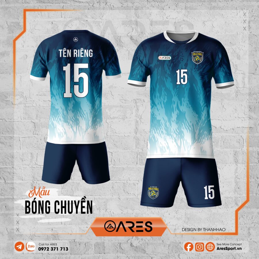 Mẫu áo bóng chuyền thiết kế ARES Frost Tide với sắc xanh loang và họa tiết chuyển sắc hiện đại