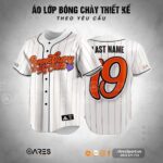Áo lớp bóng chày Cheer Up màu trắng sọc cam, logo Pennsbury Varsity Cheer nổi bật và số lớn sau lưng