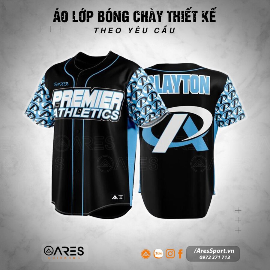 Áo lớp bóng chày Premier Athletics phối đen – xanh dương, in số và tên Clayton nổi bật