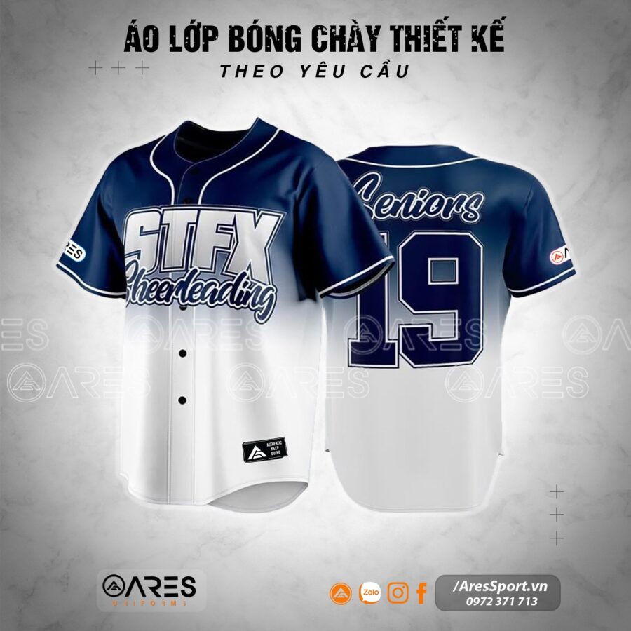 Áo lớp bóng chày STFX Seniors phối navy trắng, in logo cheerleading, số lớn sau lưng cùng chữ Seniors