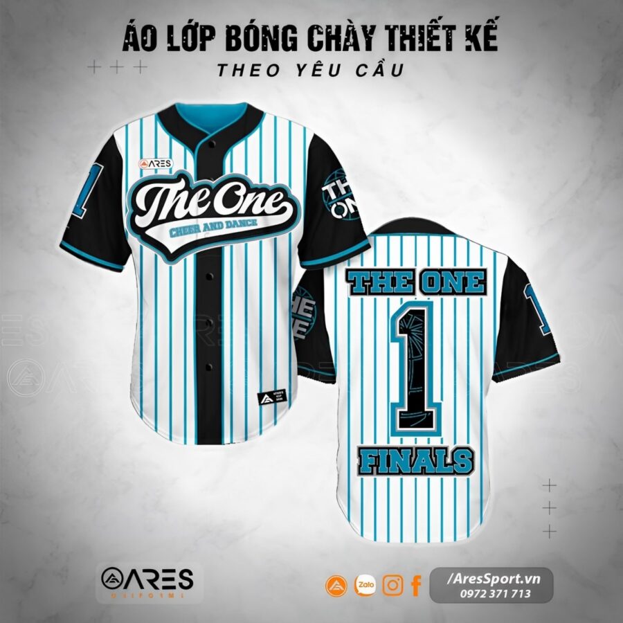 Áo lớp bóng chày The One màu trắng sọc xanh đen, thiết kế hiện đại với logo số 1 nổi bật