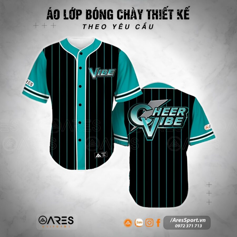 Áo lớp bóng chày Vibe Storm màu xanh mint, thiết kế sọc dọc, logo Cheer Vibe nổi bật
