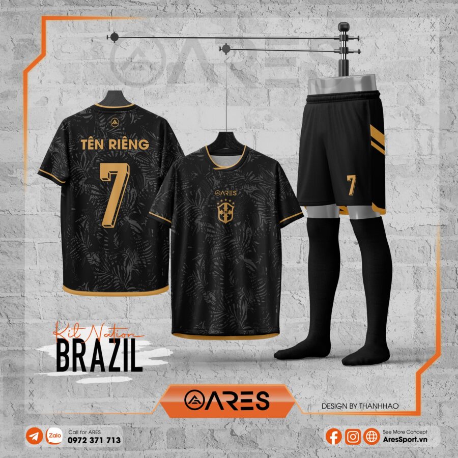 Áo Brazil Hắc Kim thiết kế đậm chất Brazil với sắc đen chủ đạo, họa tiết rừng ẩn chìm kết hợp điểm nhấn viền vàng kim sang trọng, tạo nên khí chất huyền thoại cho đội bóng.