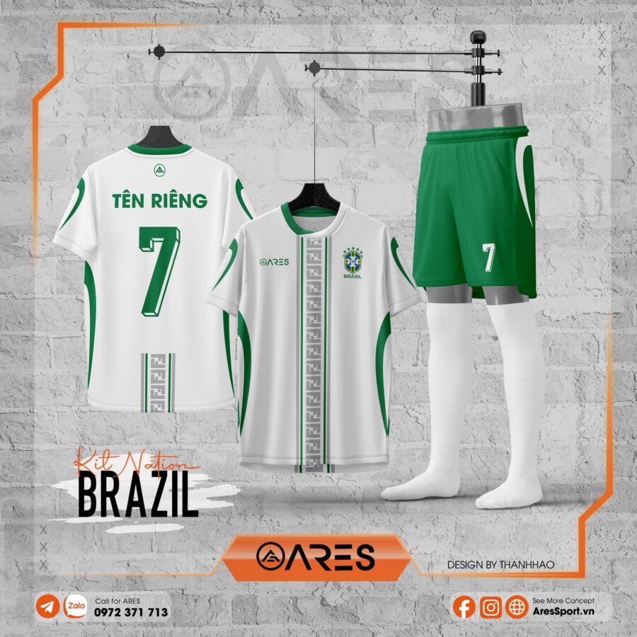Áo Brazil Lục Bạch phối màu trắng – xanh lá thanh lịch, họa tiết sọc dọc cổ điển mang khí chất Brazil, thiết kế độc quyền dành cho các đội bóng đặt riêng.