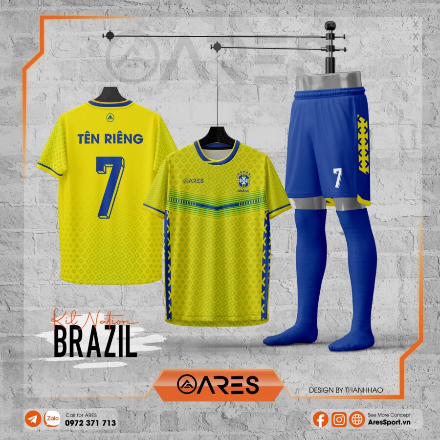 Áo Brazil Vàng Sao thiết kế nổi bật với sắc vàng truyền thống, họa tiết kim cương và phối viền xanh mạnh mẽ, mang đậm tinh thần Selecao.