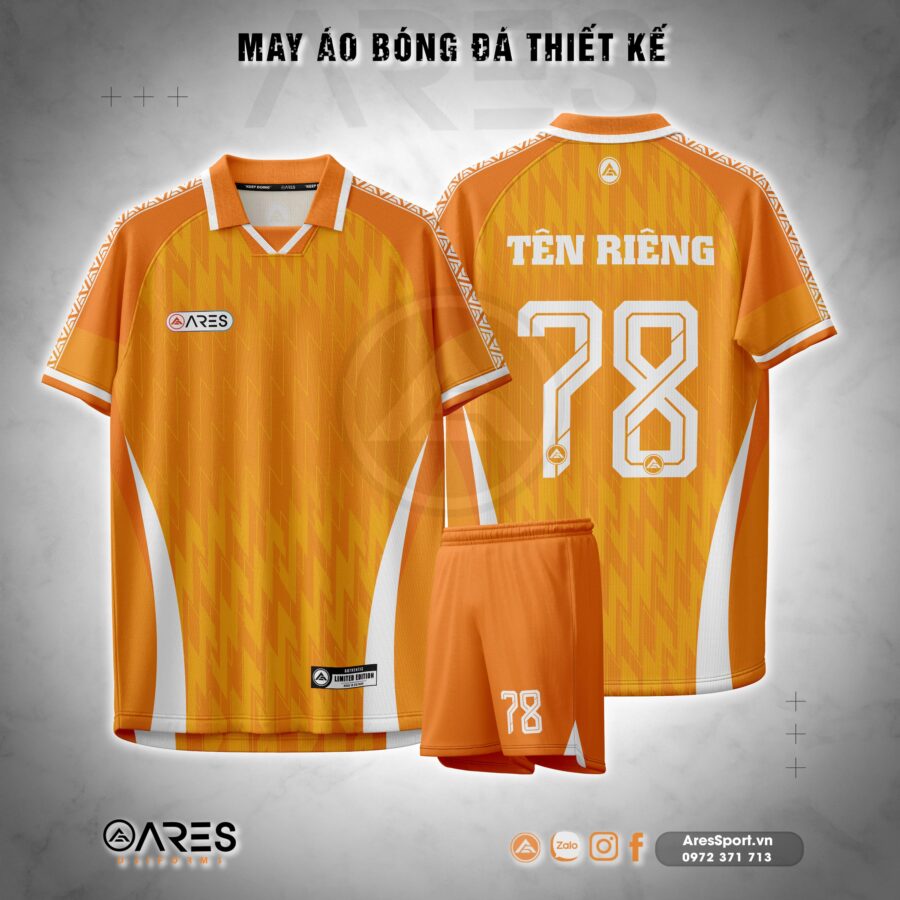 Áo đá banh Electric Flame không logo màu cam rực, họa tiết sét lửa, thiết kế cổ bâu mạnh mẽ, phối màu nổi bật, cực hợp cho đội bóng nhiệt huyết, đam mê thi đấu.