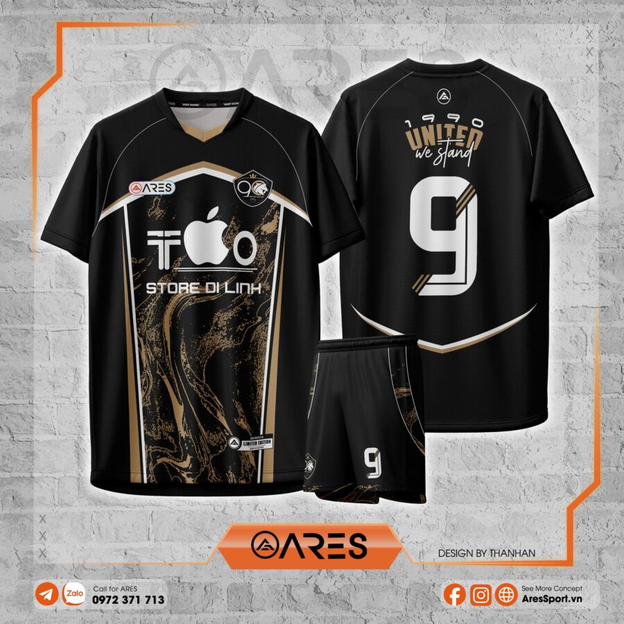 Áo đá banh thiết kế Black Unite đen vàng mạnh mẽ, phối họa tiết loang độc bản, tôn lên chất “thủ lĩnh sân cỏ” cho mọi đội bóng