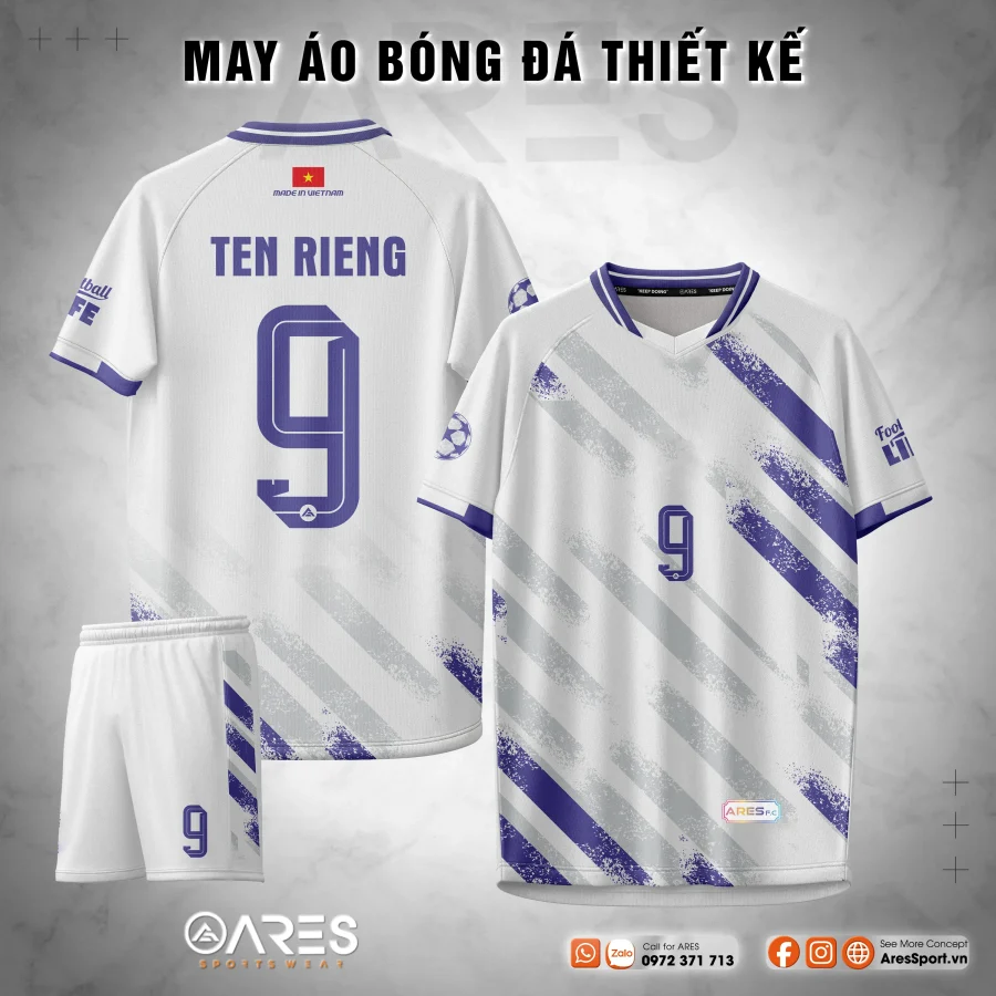 Áo đá banh Aegea Frost không logo tone trắng tím mát mắt, họa tiết xước chéo hiện đại, thiết kế theo yêu cầu cho đội bóng công ty và team phủi.