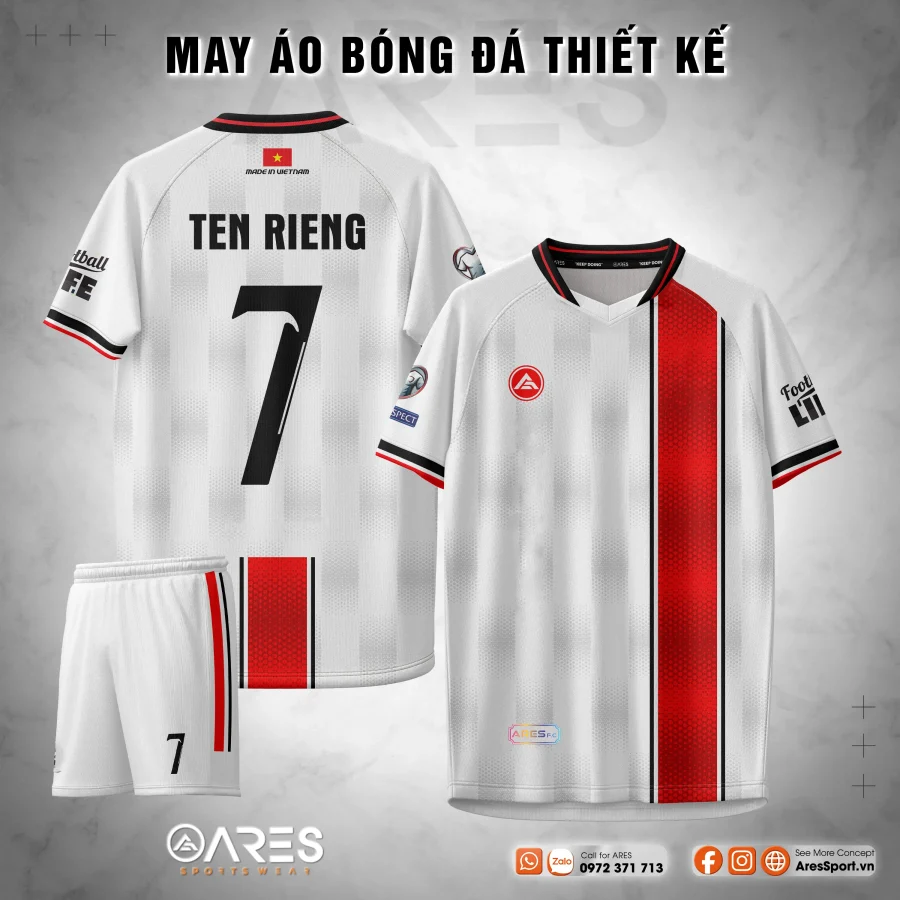 Áo đá banh Helios Aegis không logo, nền trắng sọc đỏ dọc chính giữa, phối đen tối giản, thiết kế và in theo yêu cầu cho đội bóng