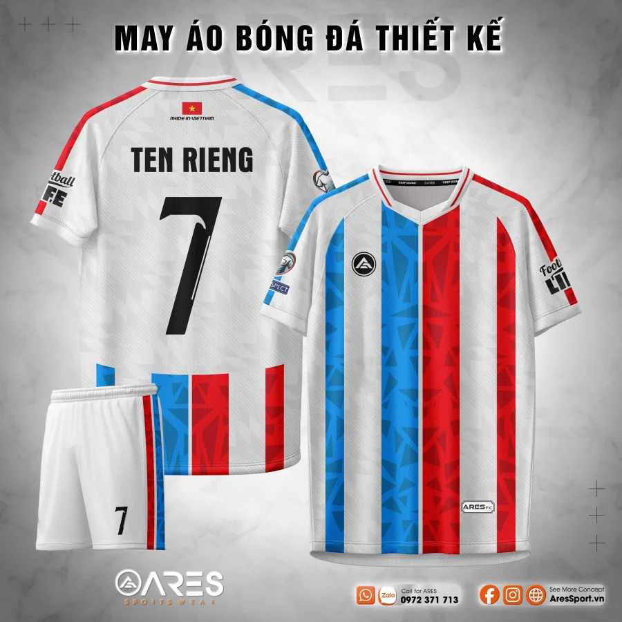 Áo đá banh Hellenic Tricolor không logo phối trắng đỏ xanh, sọc dọc hiện đại, thiết kế in ấn theo yêu cầu cho đội bóng công ty và team phủi tại ARES SPORT