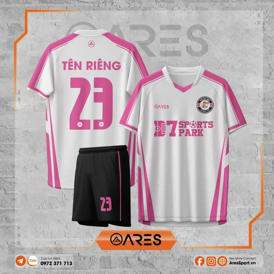 Áo đá banh thiết kế Lyssa Aether D7 trắng hồng tinh khiết, phối logo D7 Sports Park, in tên số theo yêu cầu cho đội bóng sân 7