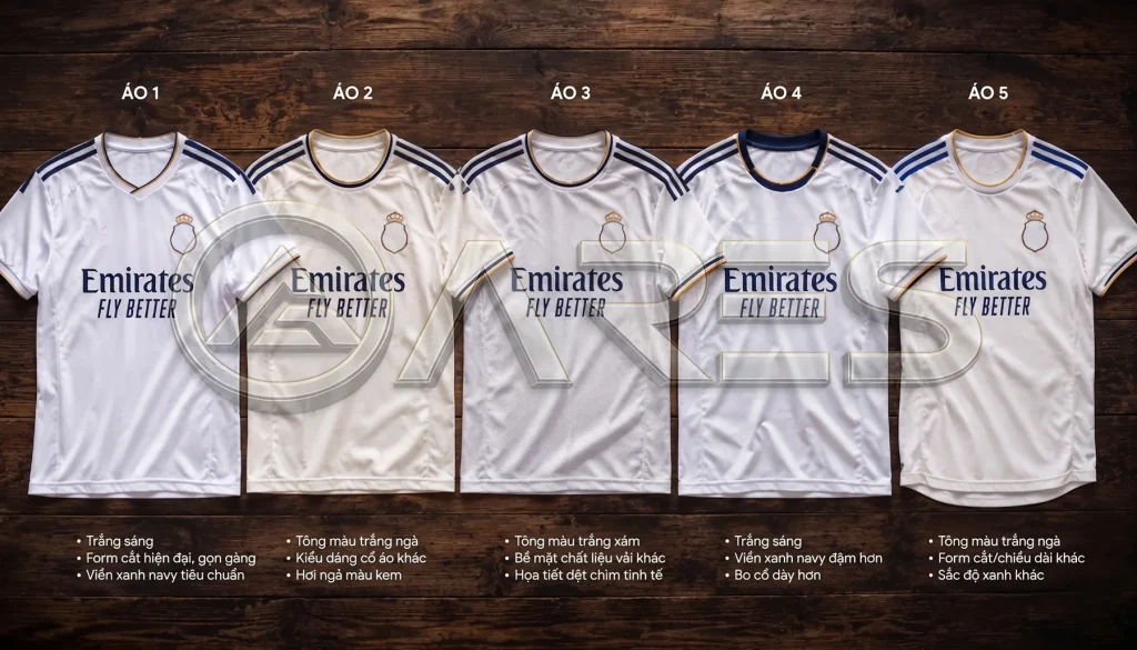 Năm áo Real Madrid trắng mua từ các nguồn khác nhau bị lệch màu trắng, lệch cut và lệch viền xanh navy, không còn đồng phục